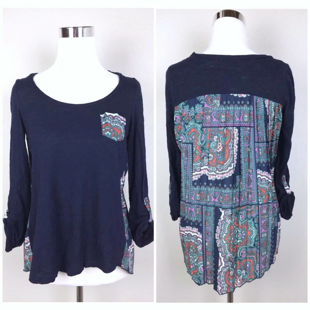 Anthropologie Paper Locket Accordion Tee Shirt Paisley Pleated Back Top‎ Size XS